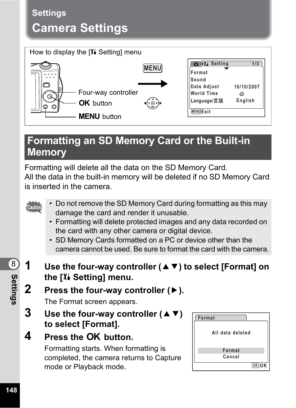 Settings, Camera settings, P.148 | Press the four-way controller ( 5 ), Press the 4 button | Pentax Optio V10 User Manual | Page 150 / 192