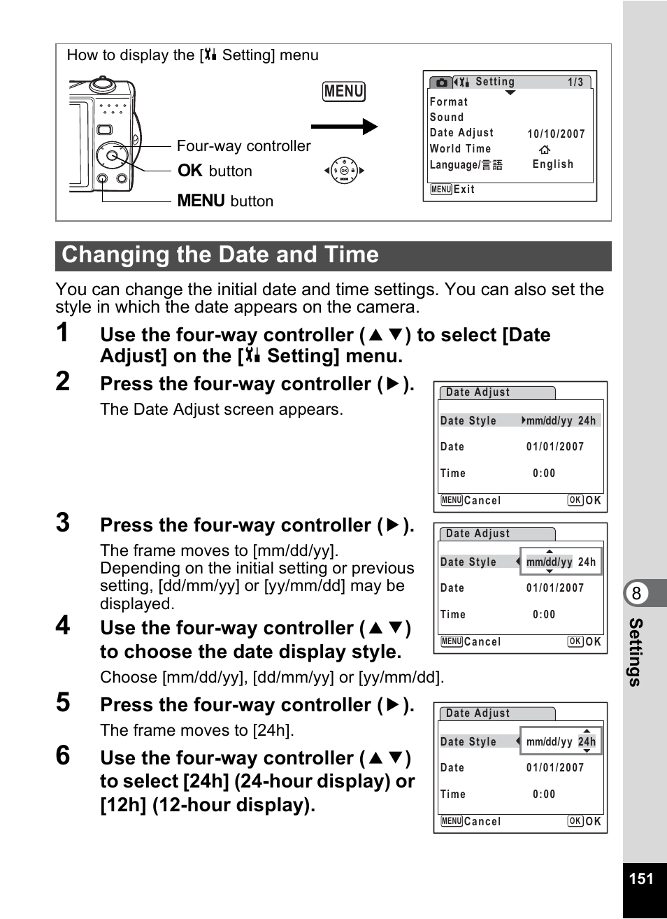 Changing the date and time, Changing the date, And time” (p.151) | Changing the date and, Time” (p.151), P.151, Press the four-way controller ( 5 ) | Pentax Optio V10 User Manual | Page 153 / 192