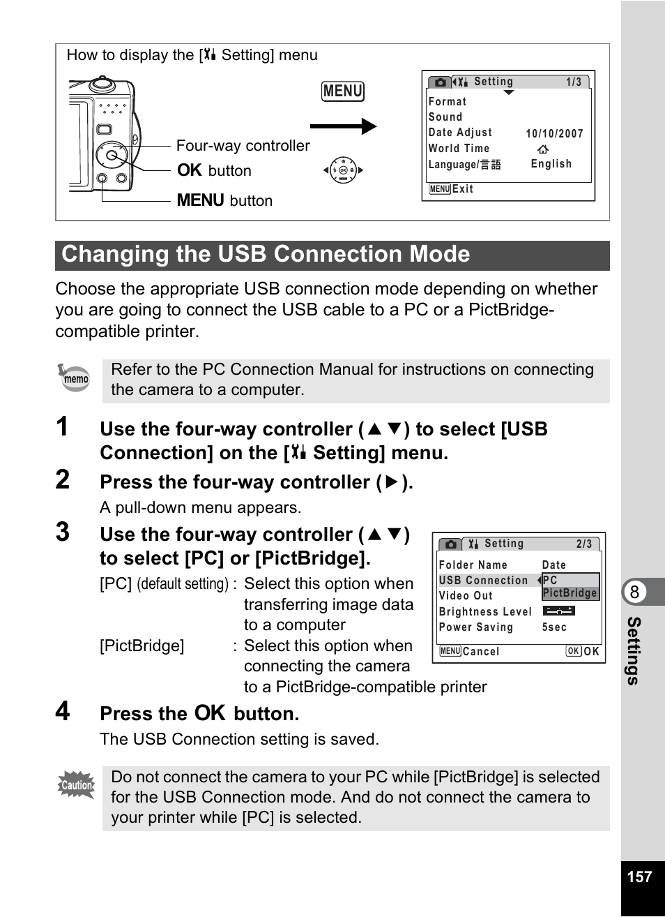 Changing the usb connection mode, P.157, Press the four-way controller ( 5 ) | Press the 4 button | Pentax Optio V10 User Manual | Page 159 / 192