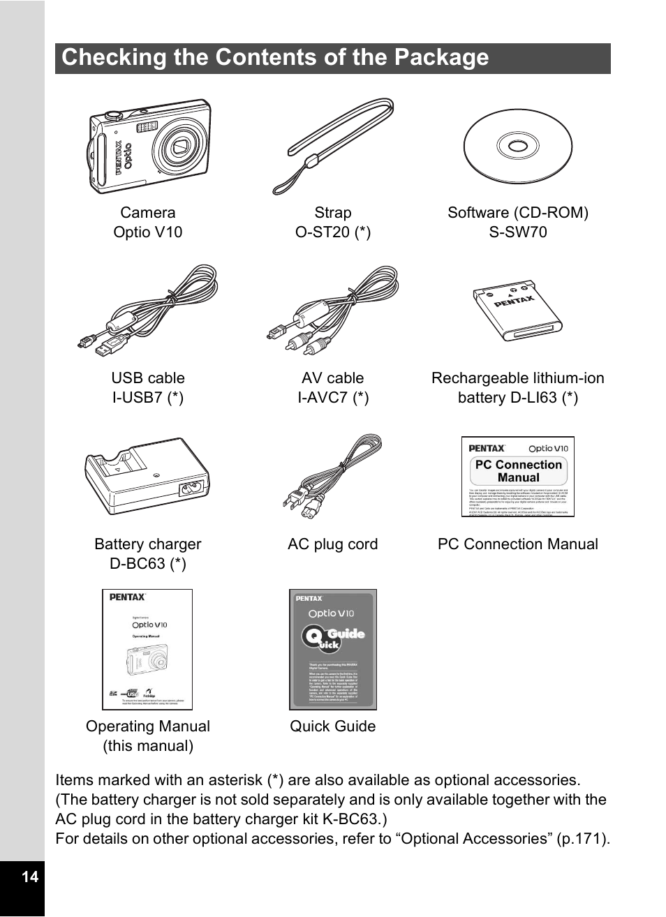 Checking the contents of the package | Pentax Optio V10 User Manual | Page 16 / 192