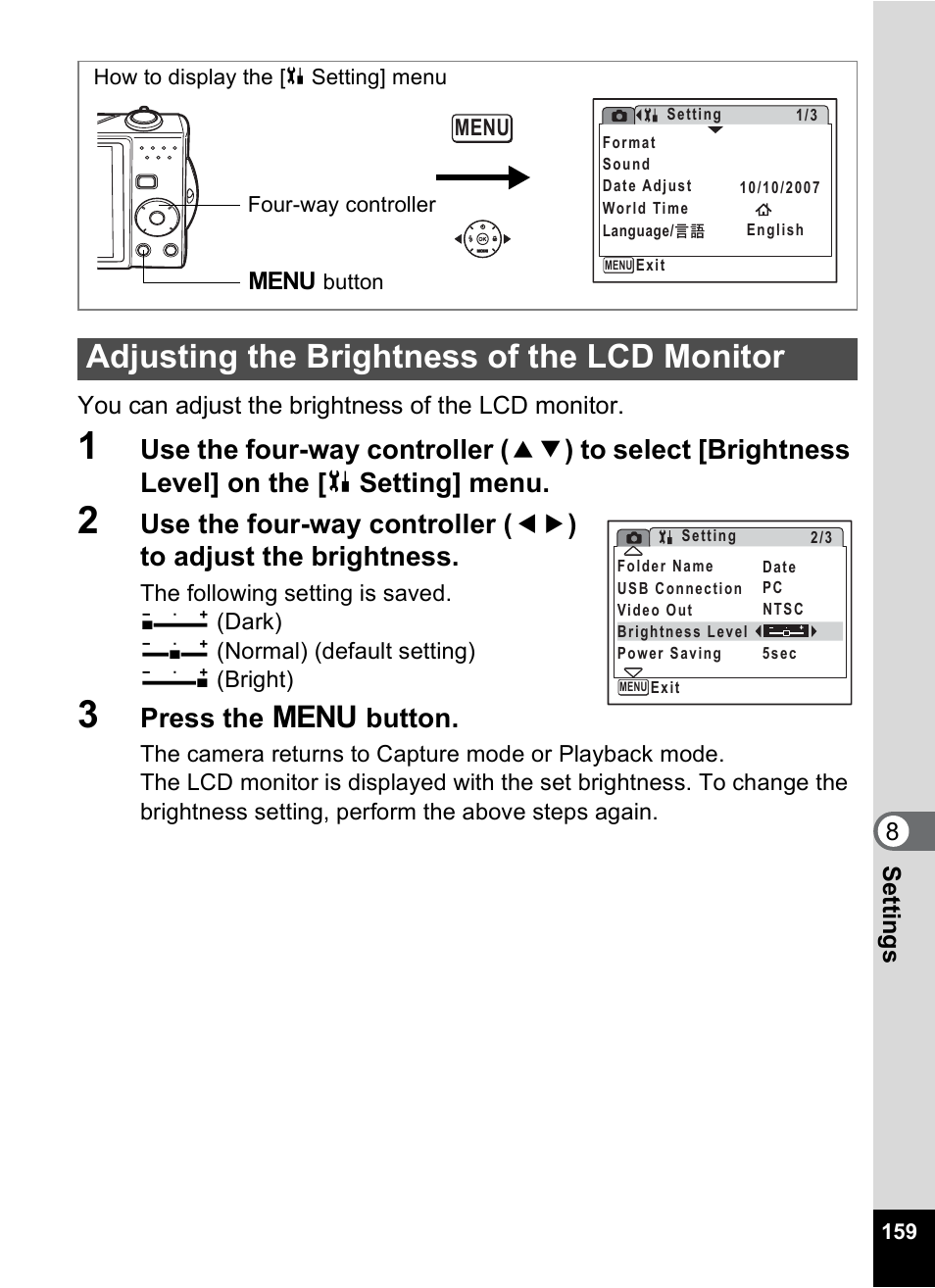 Adjusting the brightness of the lcd monitor, P.159, Press the 3 button | Pentax Optio V10 User Manual | Page 161 / 192