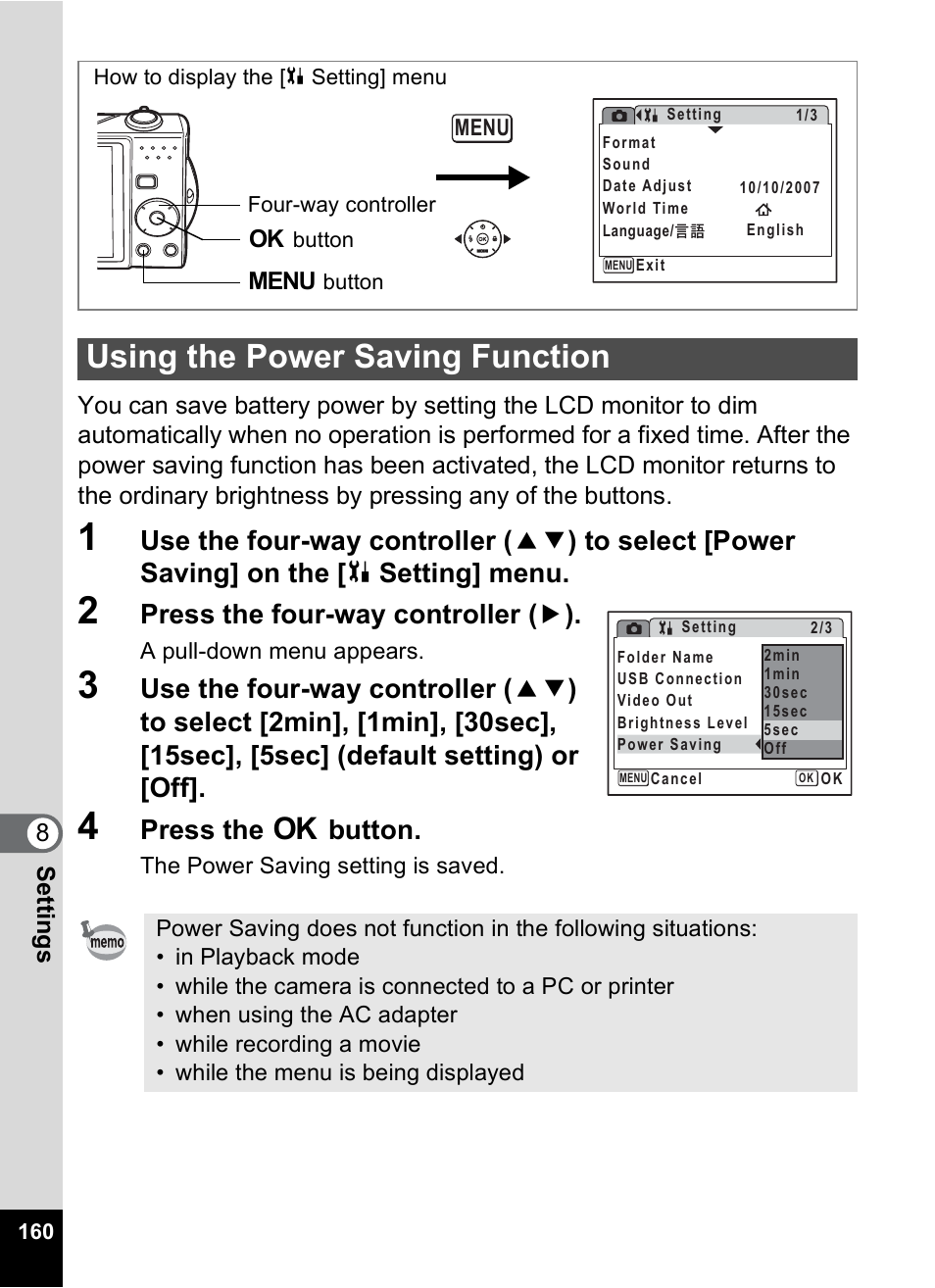 Using the power saving function, P.160, Press the four-way controller ( 5 ) | Press the 4 button | Pentax Optio V10 User Manual | Page 162 / 192