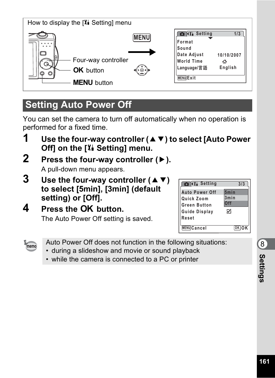 Setting auto power off, P.161, Press the four-way controller ( 5 ) | Press the 4 button | Pentax Optio V10 User Manual | Page 163 / 192