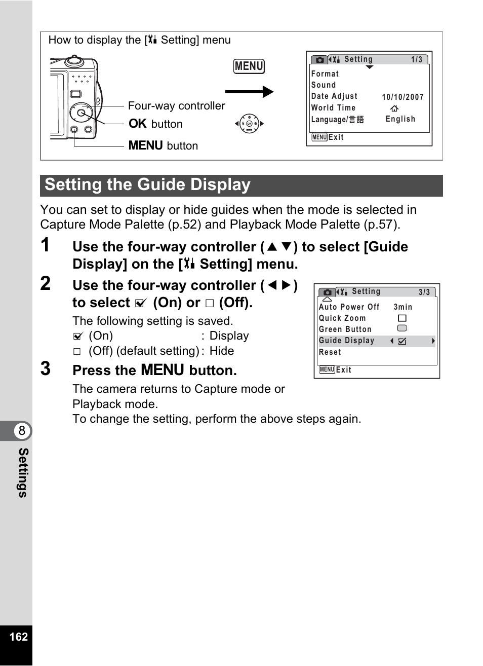 Setting the guide display, P.162, Press the 3 button | Pentax Optio V10 User Manual | Page 164 / 192
