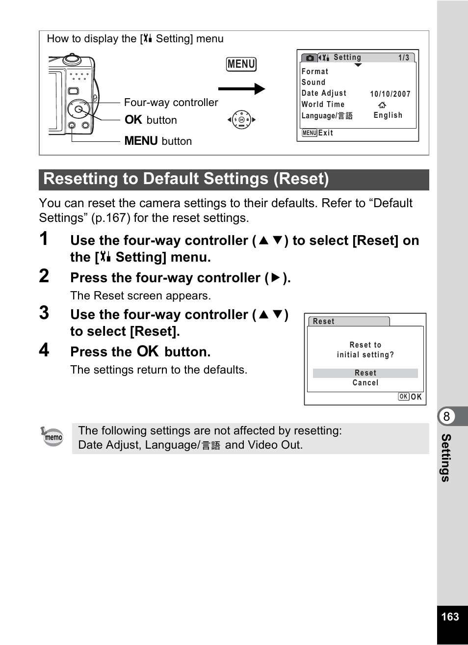 Resetting to default settings (reset), P.163, Press the four-way controller ( 5 ) | Press the 4 button | Pentax Optio V10 User Manual | Page 165 / 192