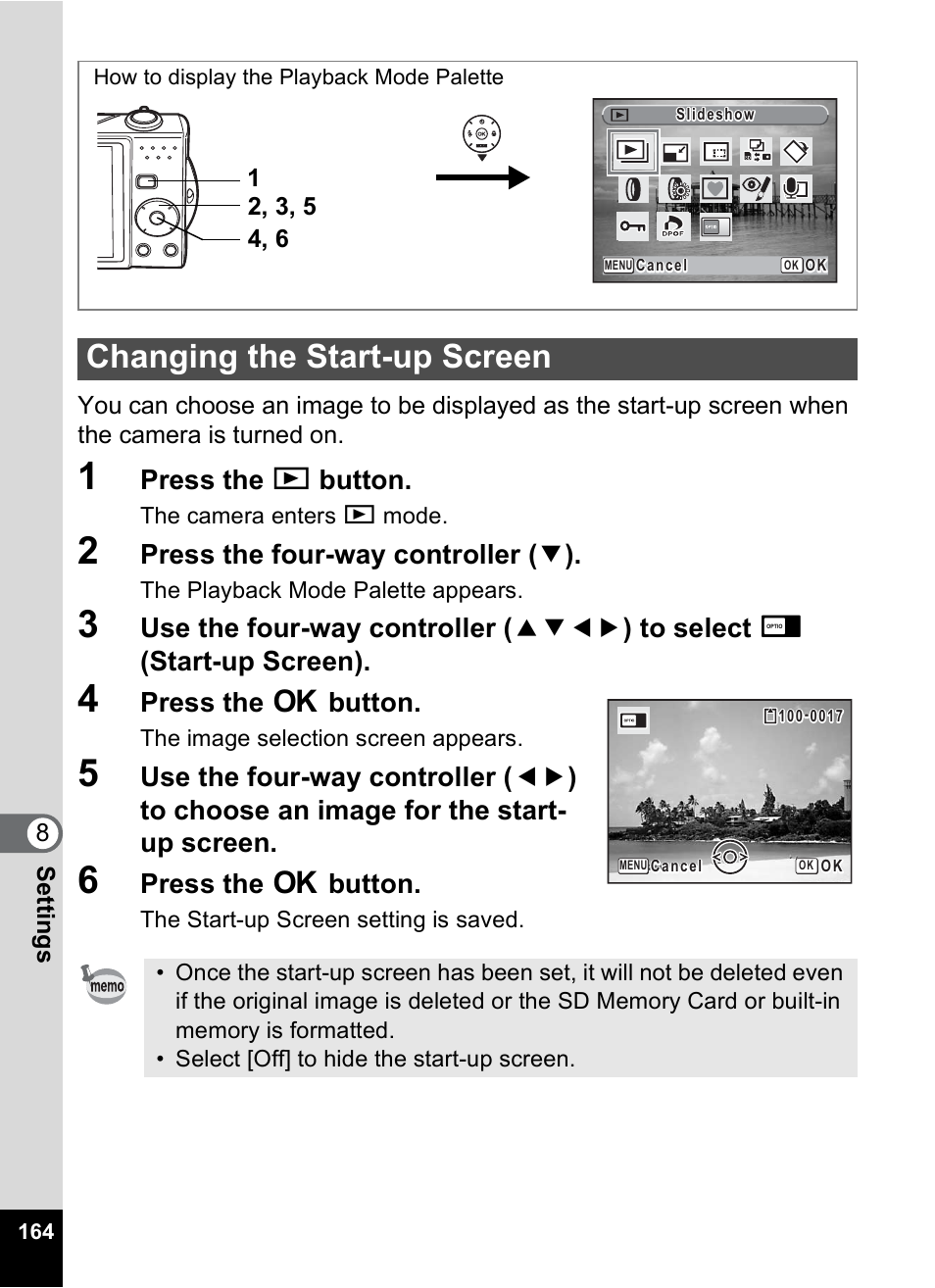 Changing the start-up screen, P.164, Press the q button | Press the four-way controller ( 3 ), Press the 4 button | Pentax Optio V10 User Manual | Page 166 / 192