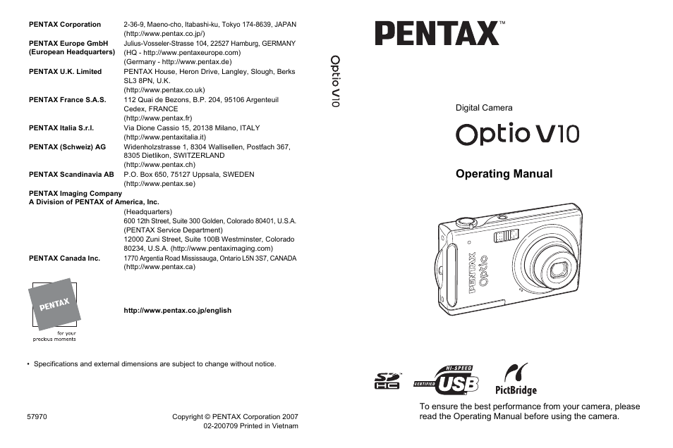 Operating manual, Digital camera | Pentax Optio V10 User Manual | Page 192 / 192