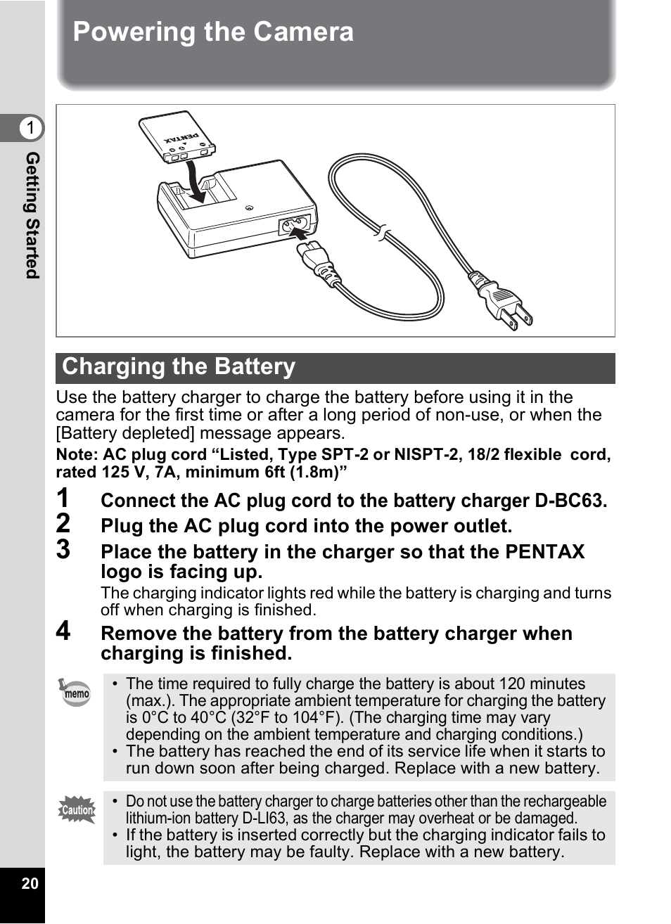Powering the camera, Charging the battery | Pentax Optio V10 User Manual | Page 22 / 192