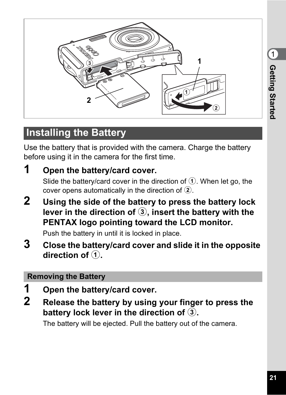 Installing the battery | Pentax Optio V10 User Manual | Page 23 / 192