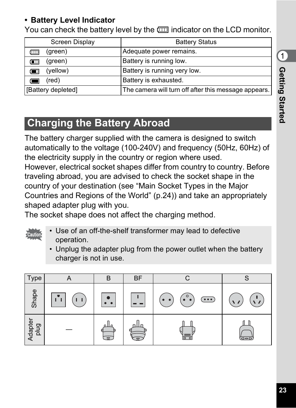 Charging the battery abroad, P.23) | Pentax Optio V10 User Manual | Page 25 / 192