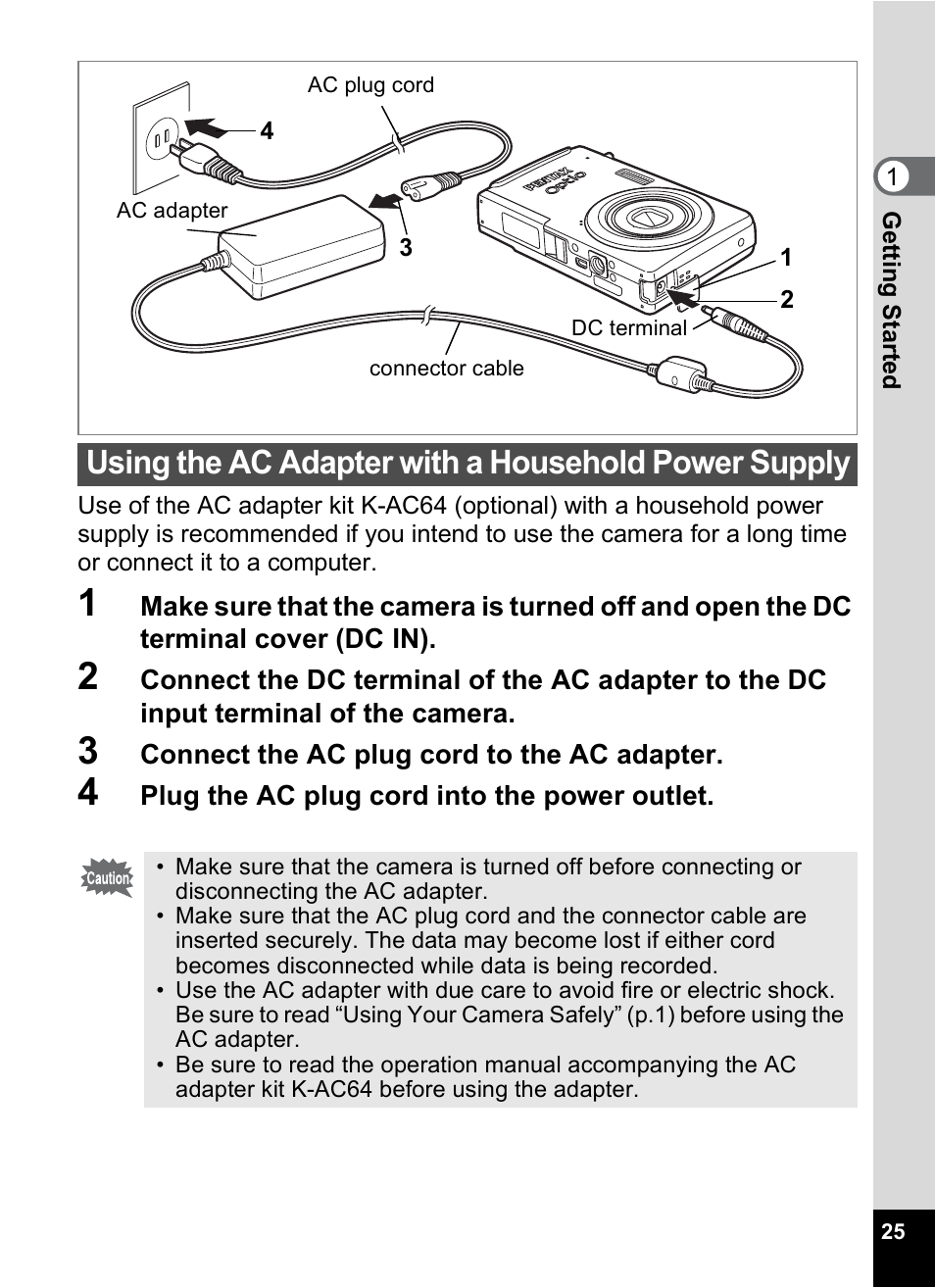 Using the ac adapter with a household power supply | Pentax Optio V10 User Manual | Page 27 / 192