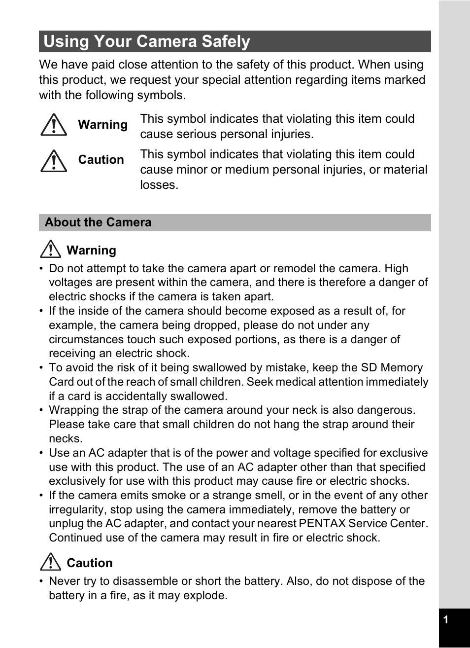 Using your camera safely | Pentax Optio V10 User Manual | Page 3 / 192