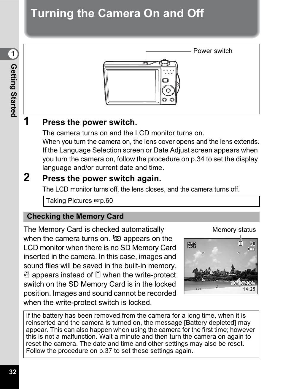Turning the camera on and off, P.32), Turning the camera on and off 1 | Press the power switch, Press the power switch again | Pentax Optio V10 User Manual | Page 34 / 192