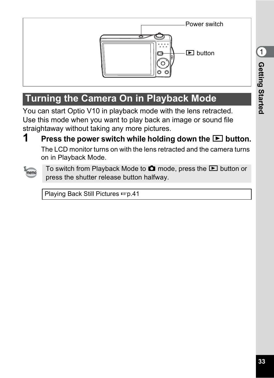 Turning the camera on in playback mode | Pentax Optio V10 User Manual | Page 35 / 192