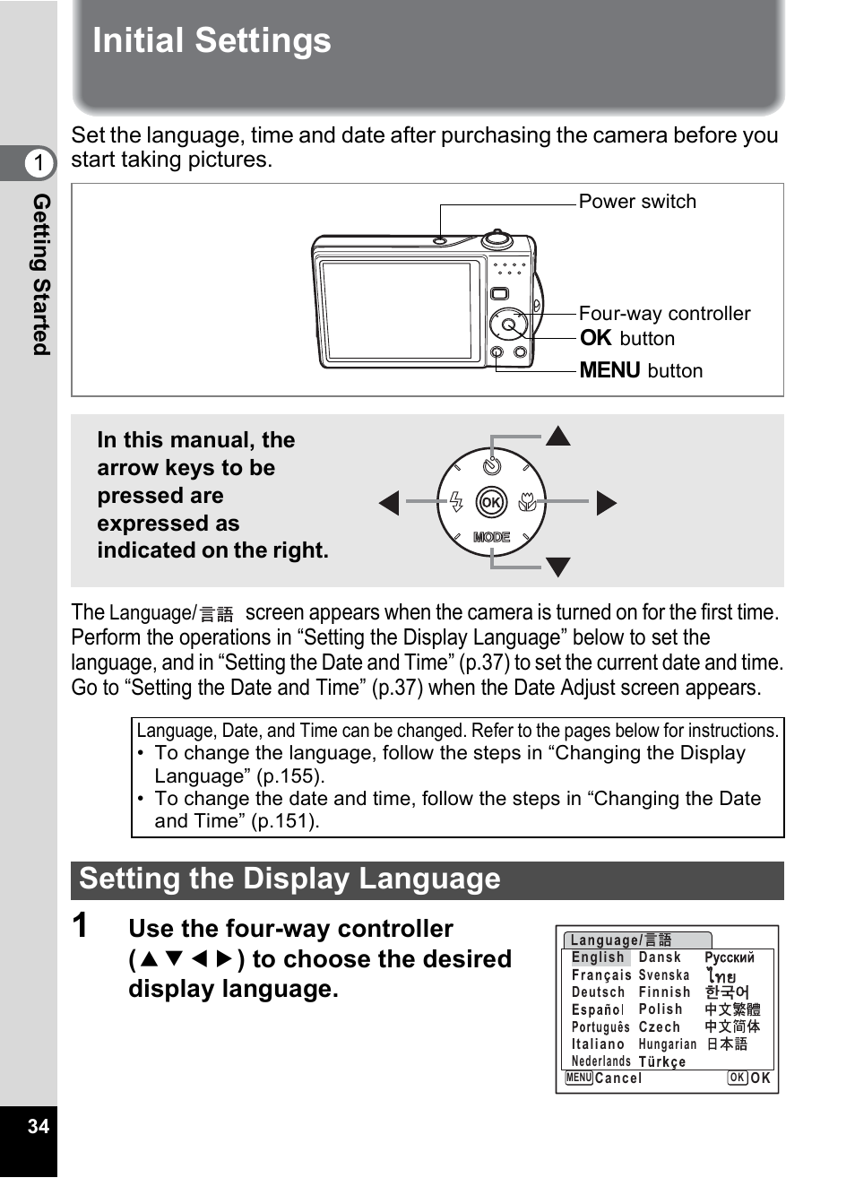 Initial settings, Setting the display language | Pentax Optio V10 User Manual | Page 36 / 192