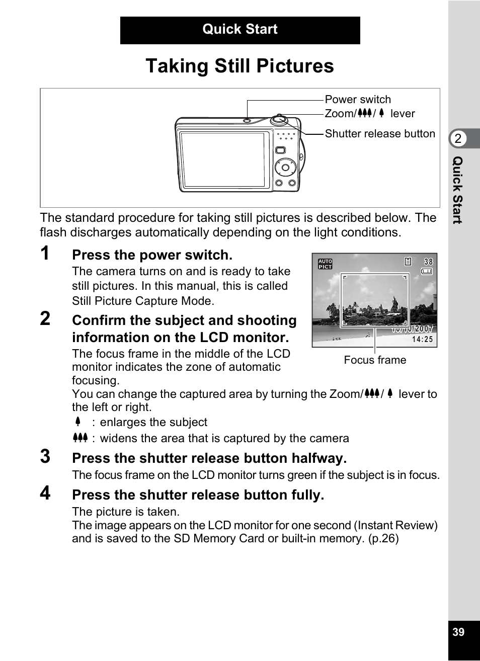 Quick start, Taking still pictures, P.39) | Pentax Optio V10 User Manual | Page 41 / 192