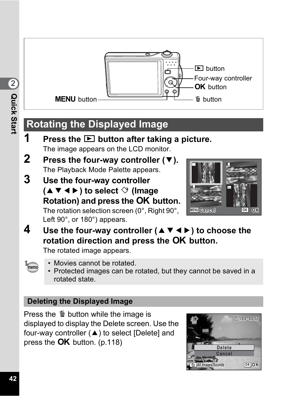 Rotating the displayed image, Press the q button after taking a picture, Press the four-way controller ( 3 ) | Pentax Optio V10 User Manual | Page 44 / 192