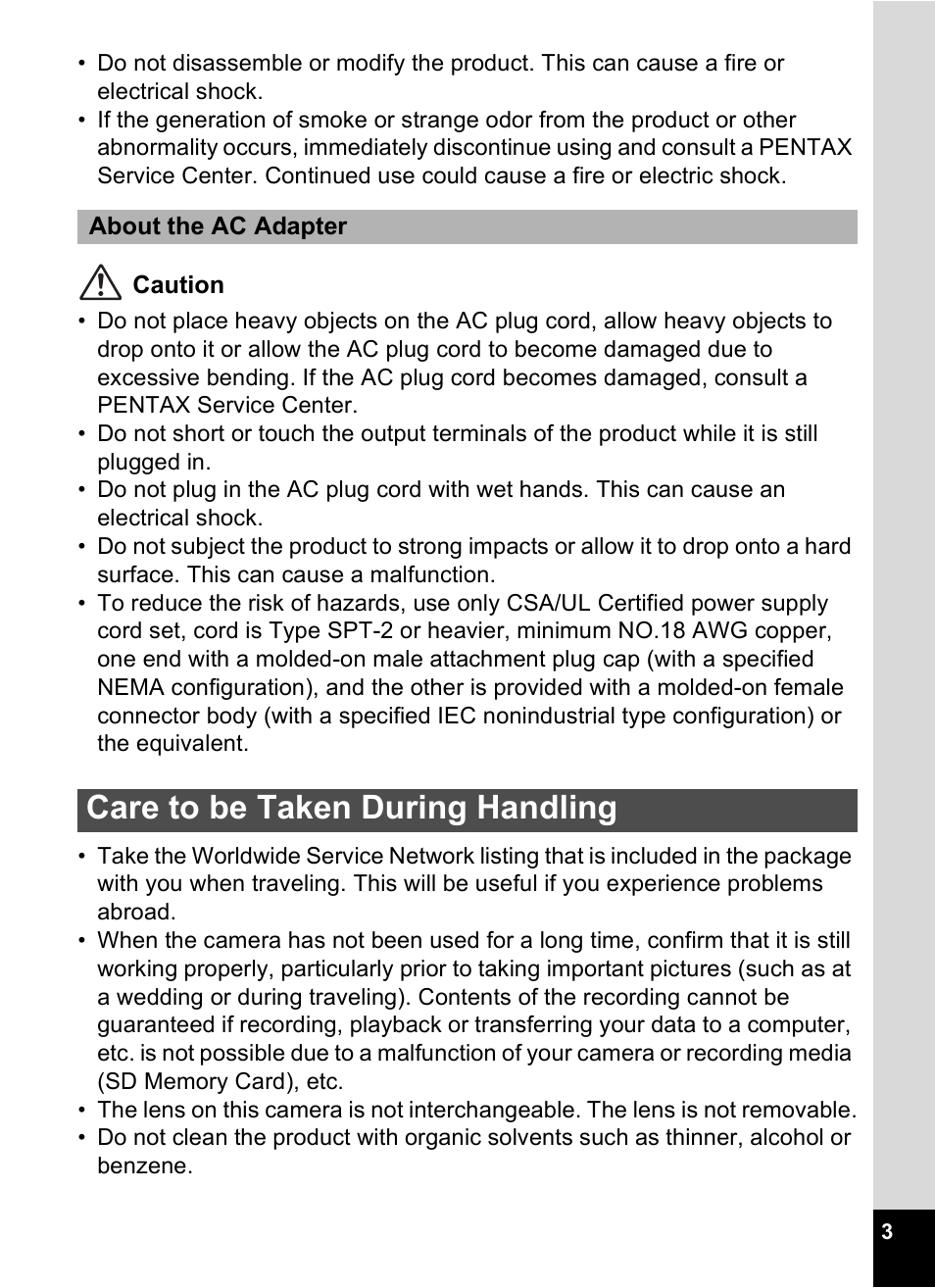 Care to be taken during handling | Pentax Optio V10 User Manual | Page 5 / 192
