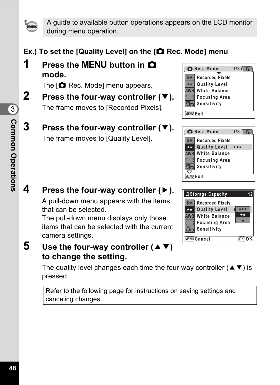 Press the 3 button in a mode, Press the four-way controller ( 3 ), Press the four-way controller ( 5 ) | Pentax Optio V10 User Manual | Page 50 / 192