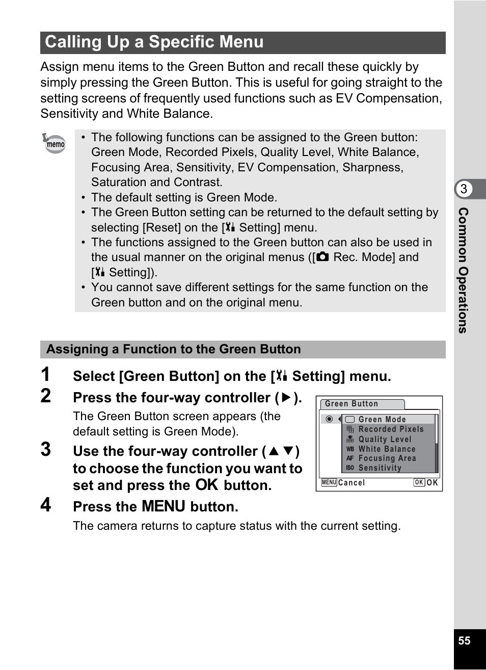 Calling up a specific menu, P.55, P.55) | Pentax Optio V10 User Manual | Page 57 / 192