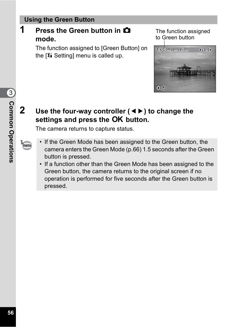 Press the green button in a mode | Pentax Optio V10 User Manual | Page 58 / 192