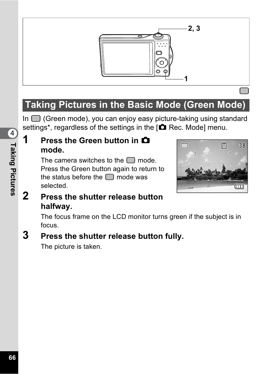 Taking pictures in the basic mode (green mode), P.66), Enu. (p.66) | Pentax Optio V10 User Manual | Page 68 / 192