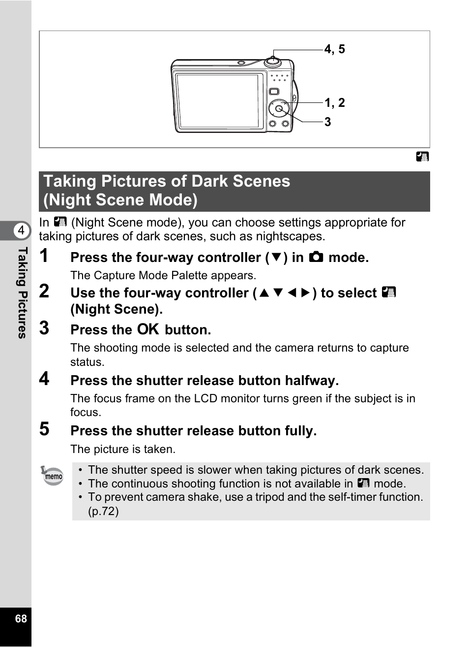 Taking pictures of dark scenes (night scene mode), P.68 | Pentax Optio V10 User Manual | Page 70 / 192