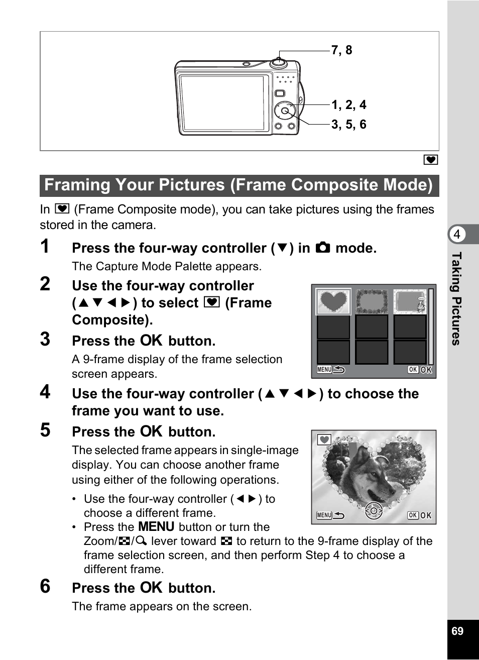 Framing your pictures (frame composite mode) | Pentax Optio V10 User Manual | Page 71 / 192