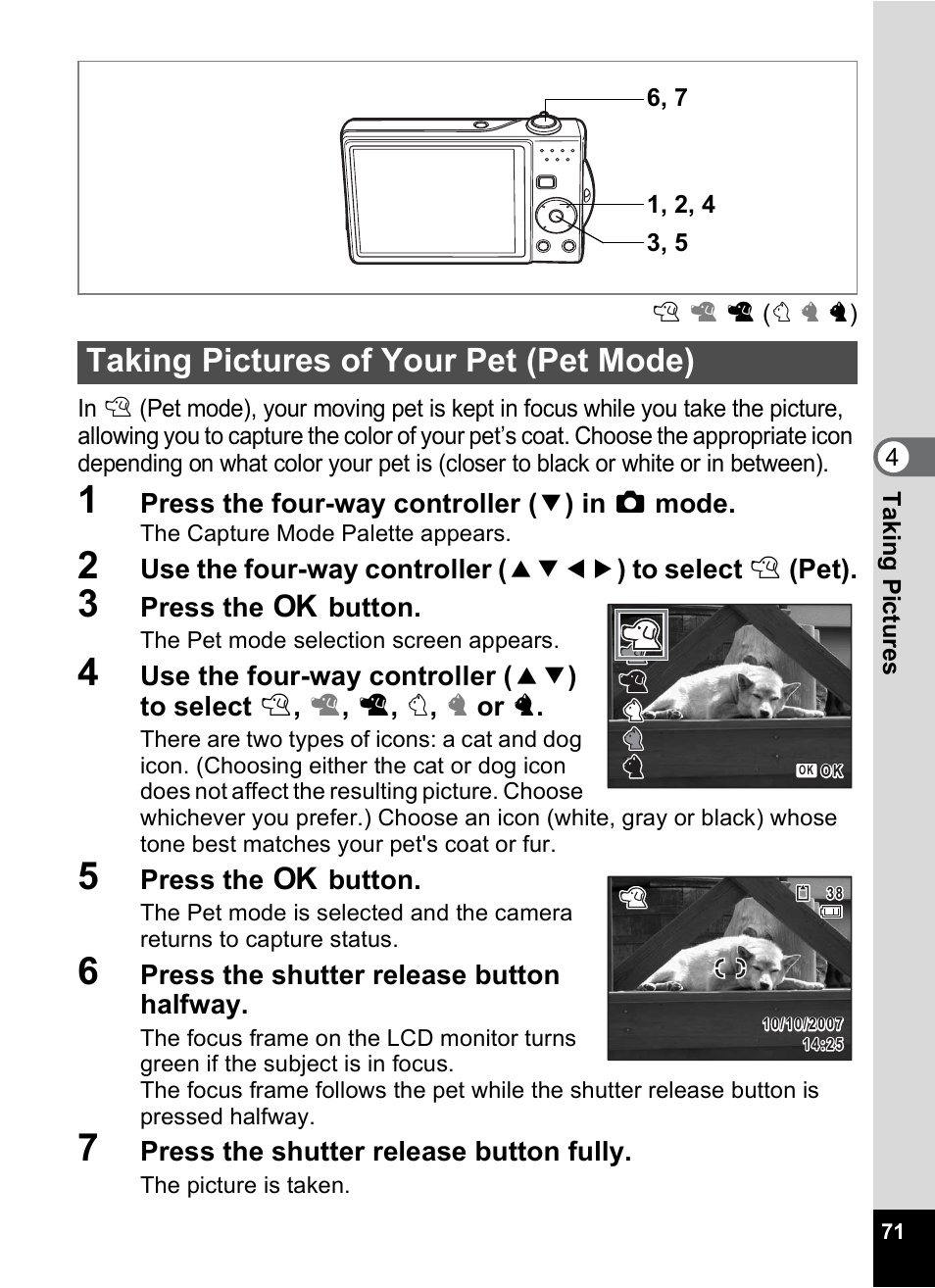Taking pictures of your pet (pet mode) | Pentax Optio V10 User Manual | Page 73 / 192
