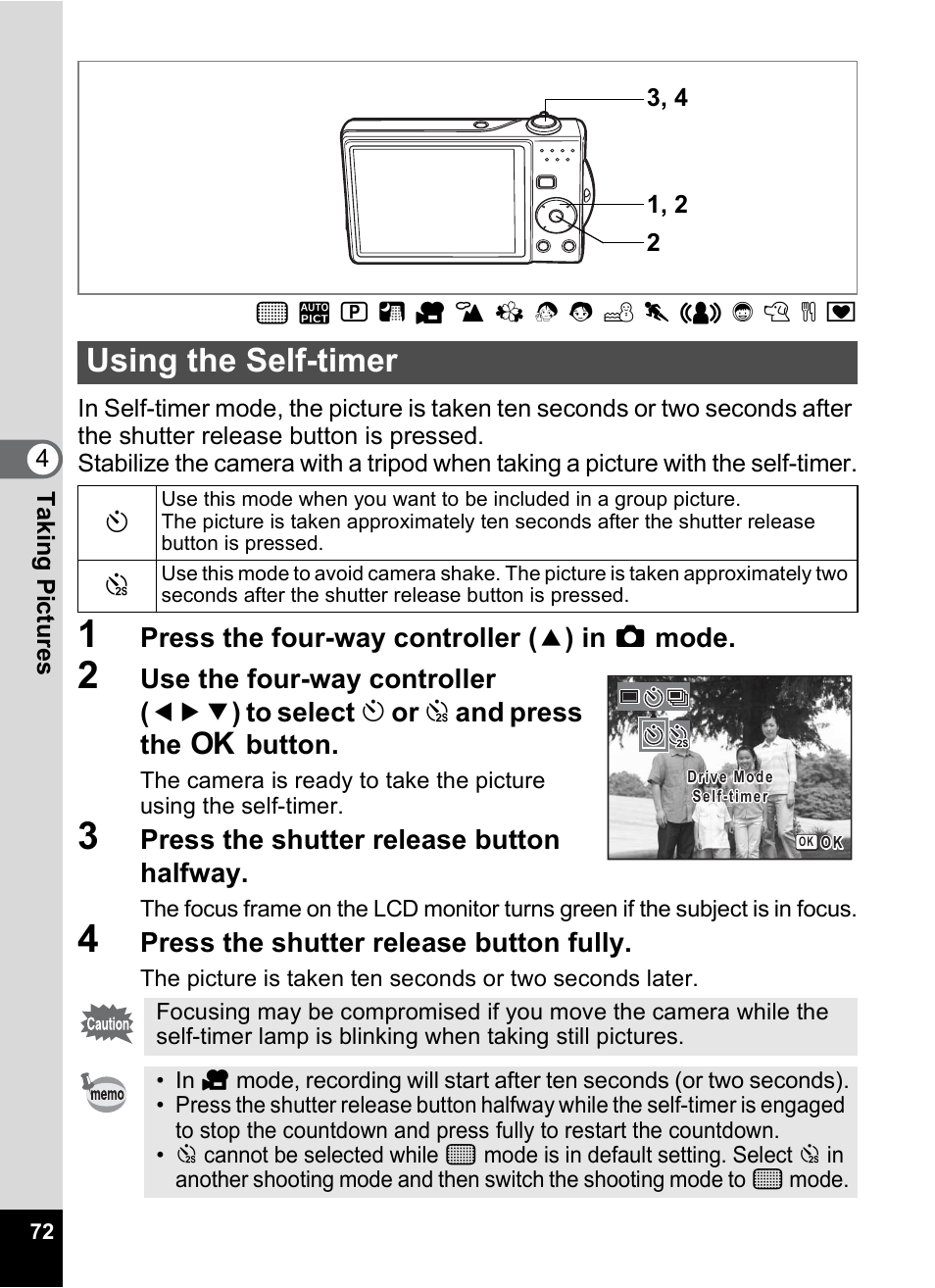 Using the self-timer, P.72 | Pentax Optio V10 User Manual | Page 74 / 192