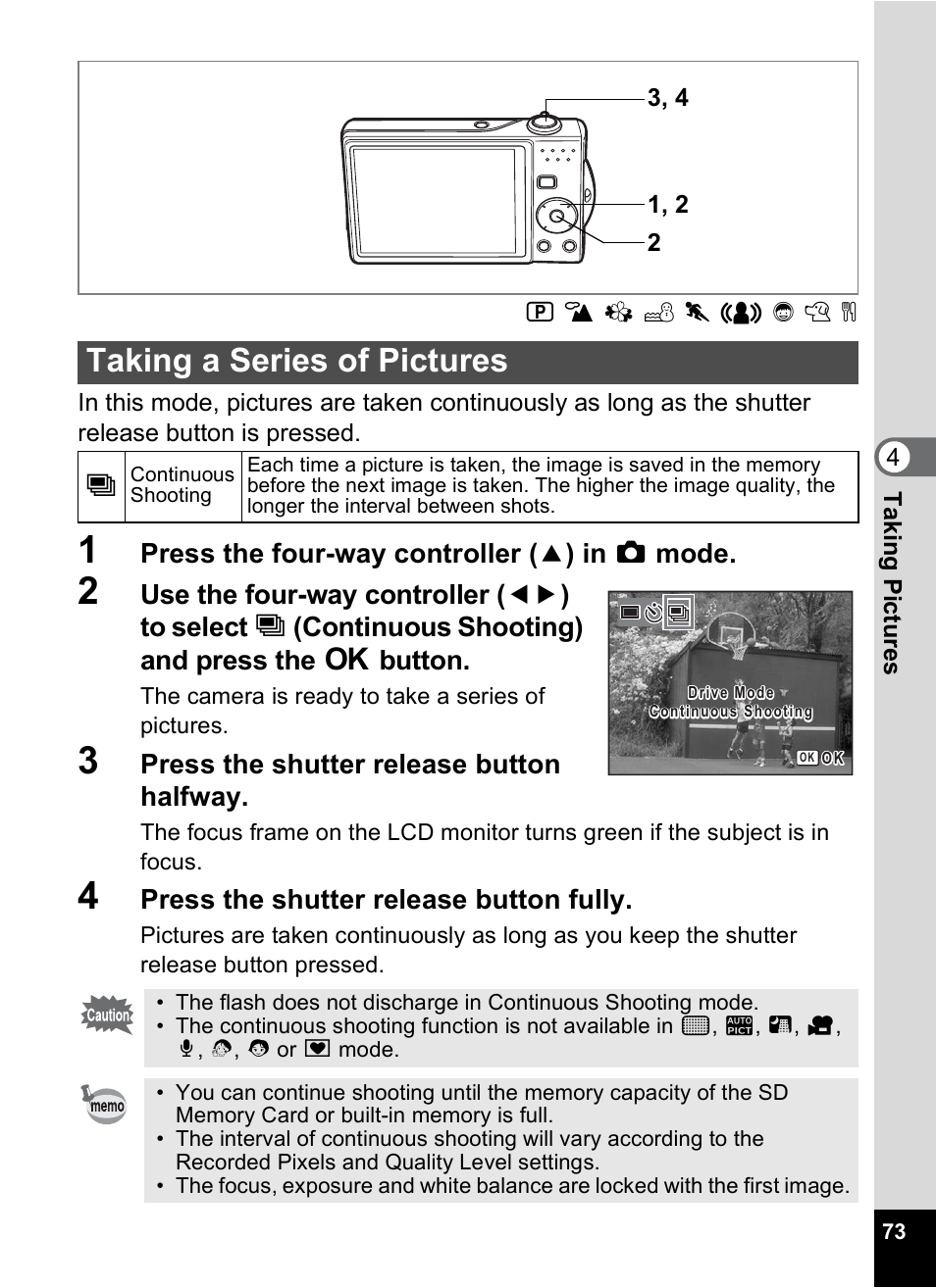 Taking a series of pictures, P.73, P.73) | Pentax Optio V10 User Manual | Page 75 / 192
