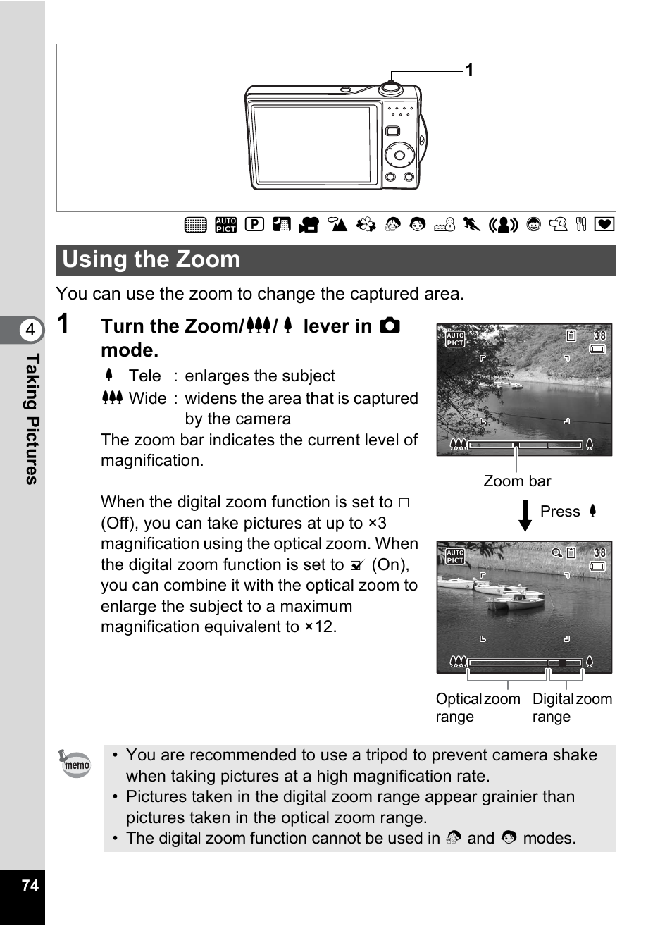 Using the zoom, P.74), Turn the zoom/ w / x lever in a mode | Pentax Optio V10 User Manual | Page 76 / 192