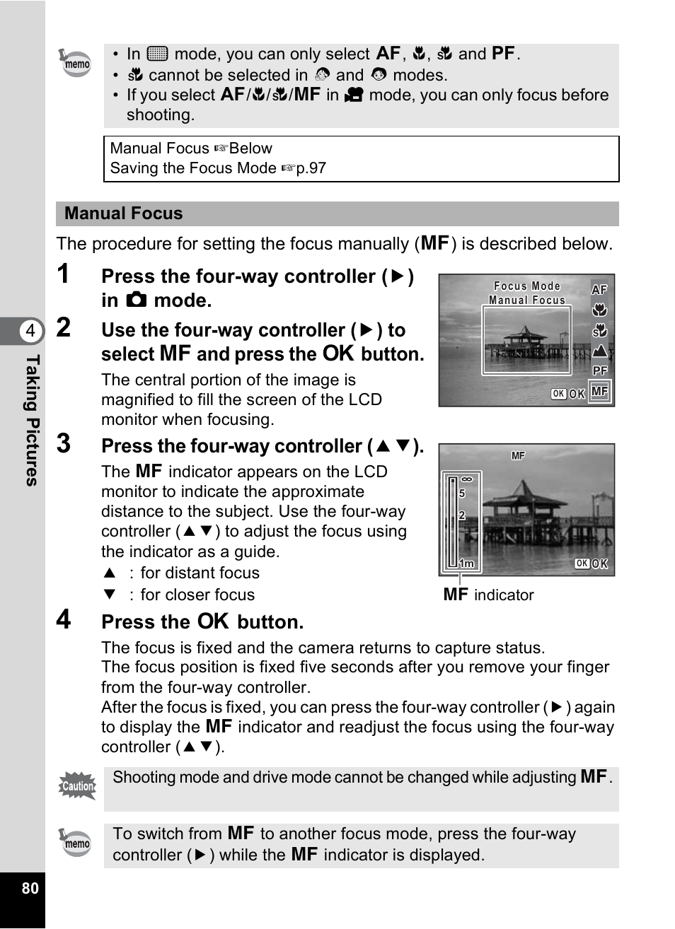 P.80, Press the four-way controller ( 5 ) in a mode, Press the four-way controller ( 23 ) | Press the 4 button | Pentax Optio V10 User Manual | Page 82 / 192