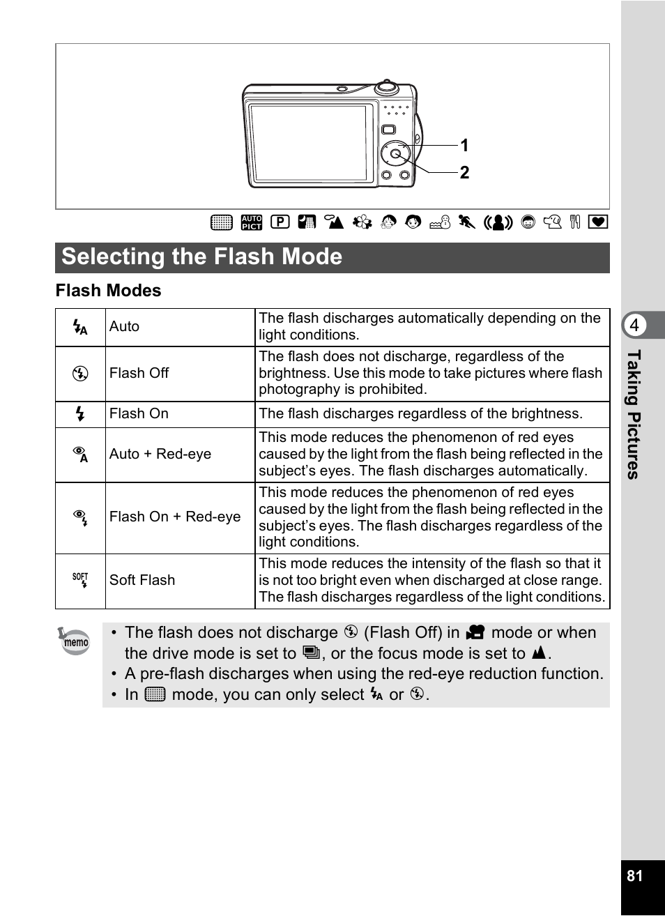 Selecting the flash mode, P.81) | Pentax Optio V10 User Manual | Page 83 / 192