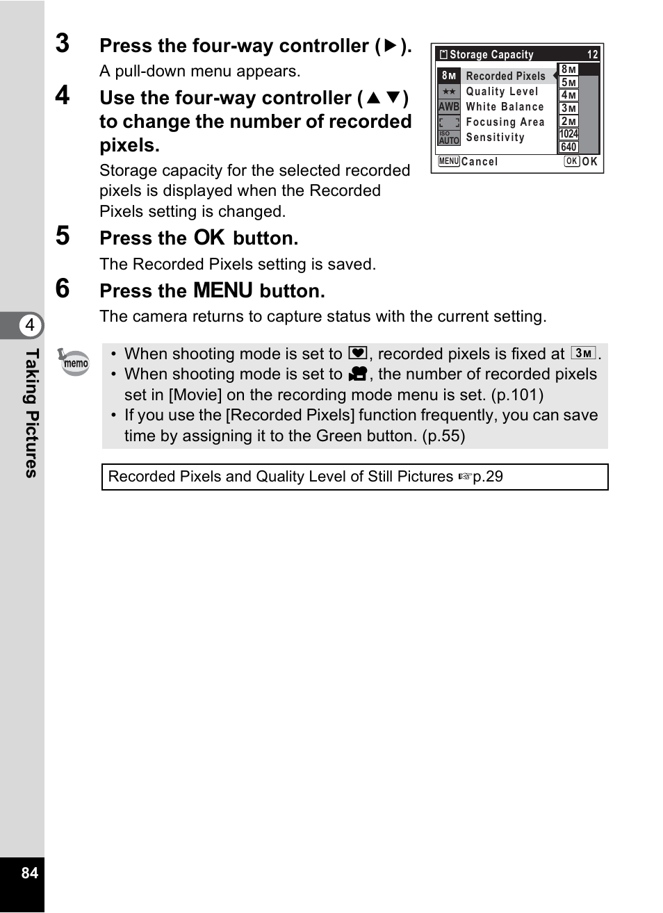 Press the four-way controller ( 5 ), Press the 4 button, Press the 3 button | 4tak ing pi cture s | Pentax Optio V10 User Manual | Page 86 / 192