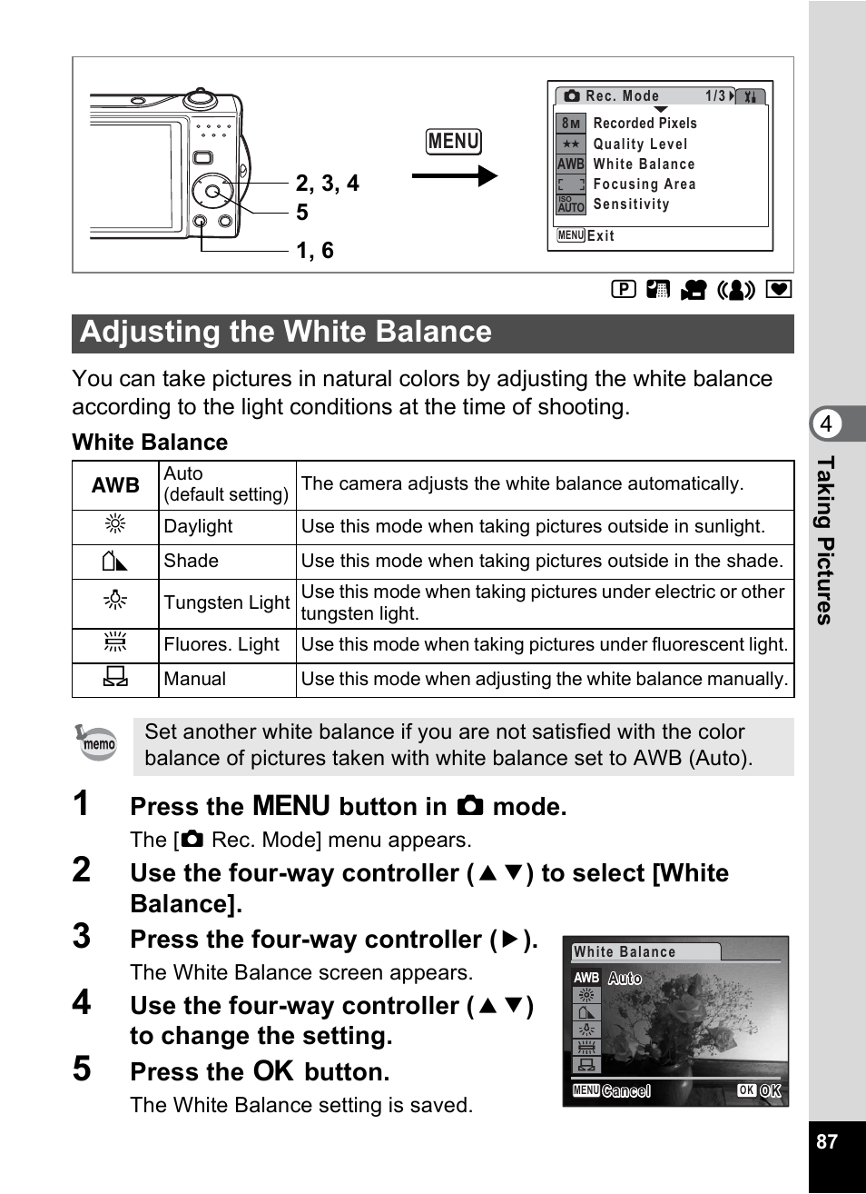 Adjusting the white balance, E (p.87), P.87 | Press the 3 button in a mode, Press the four-way controller ( 5 ), Press the 4 button | Pentax Optio V10 User Manual | Page 89 / 192