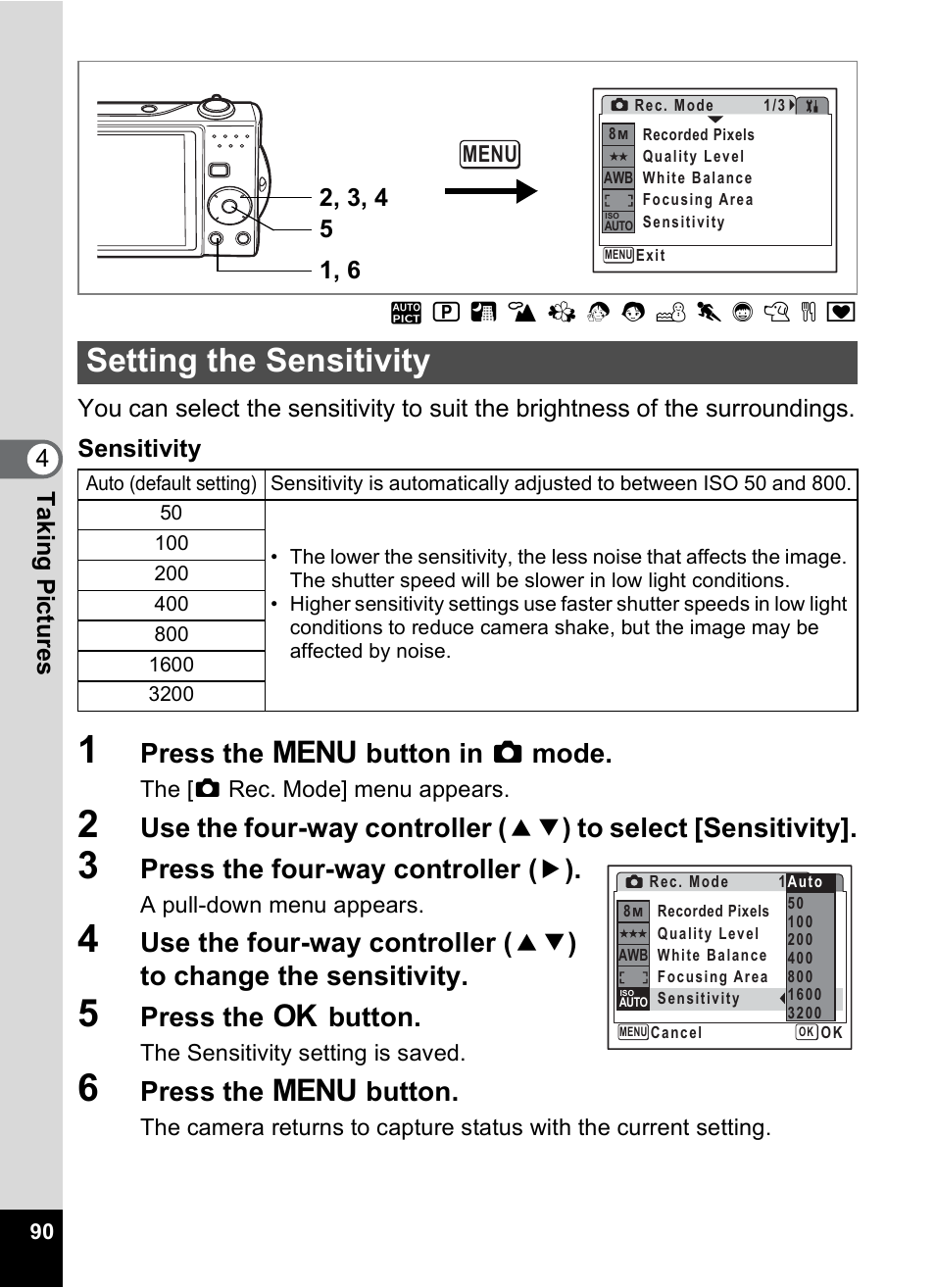 Setting the sensitivity, Y (p.90), P.90) | P.90, Press the 3 button in a mode, Press the four-way controller ( 5 ), Press the 4 button, Press the 3 button | Pentax Optio V10 User Manual | Page 92 / 192