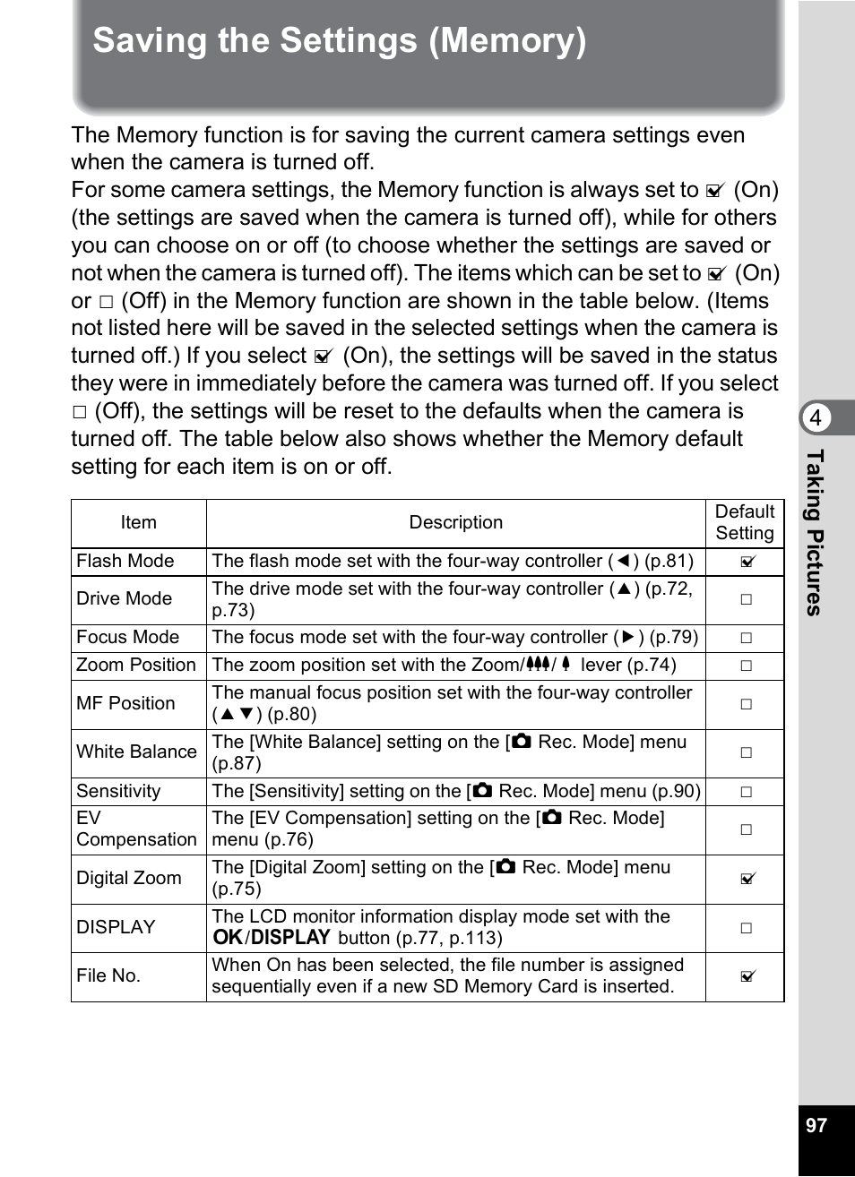 Saving the settings (memory), P.97, 4tak ing pi cture s | Pentax Optio V10 User Manual | Page 99 / 192