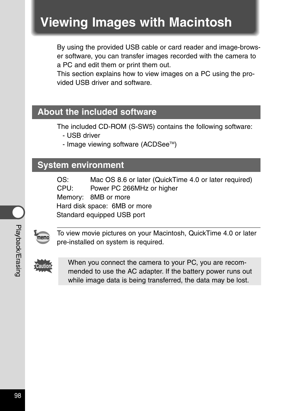 Viewing images with macintosh, About the included software, System environment | Pentax Optio 230 User Manual | Page 100 / 124