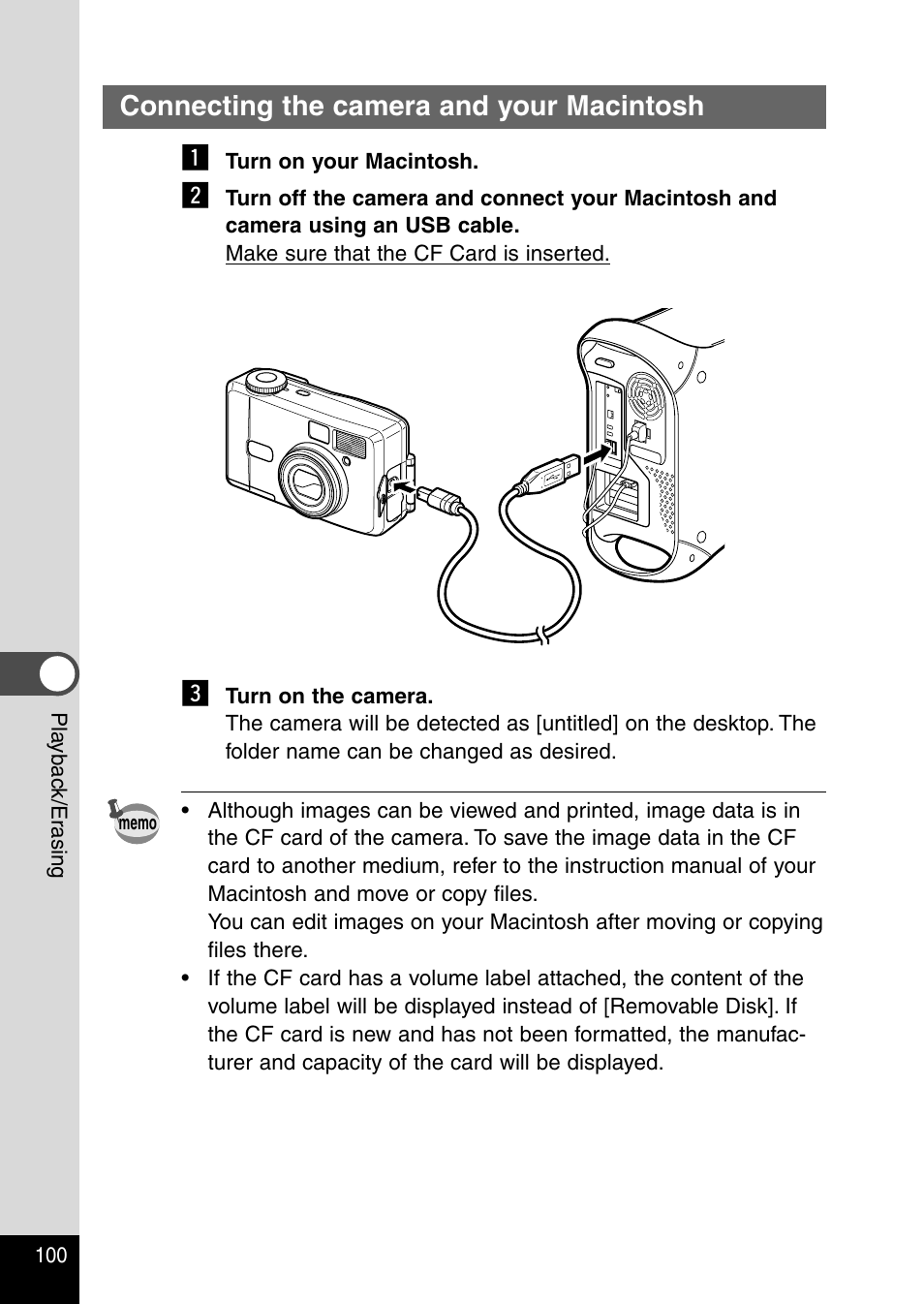 Connecting the camera and your macintosh, Connecting the camera and your macintosh z | Pentax Optio 230 User Manual | Page 102 / 124