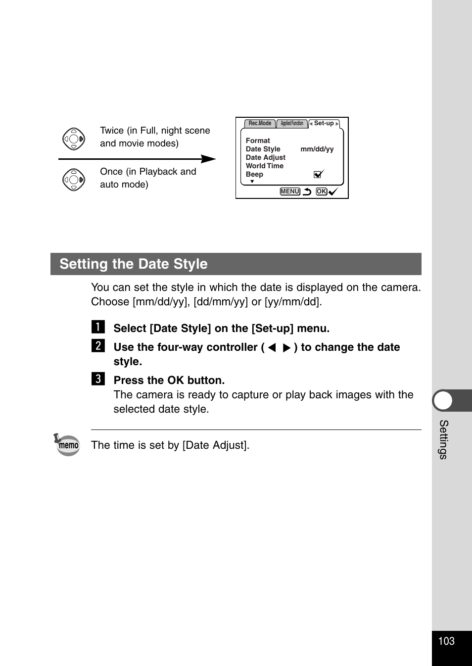 Setting the date style | Pentax Optio 230 User Manual | Page 105 / 124