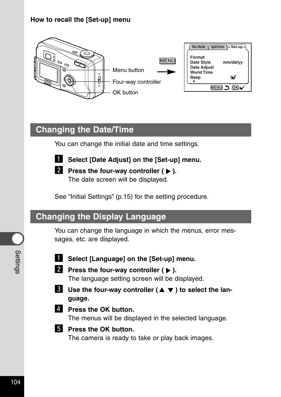 Changing the date/time, Changing the display language | Pentax Optio 230 User Manual | Page 106 / 124