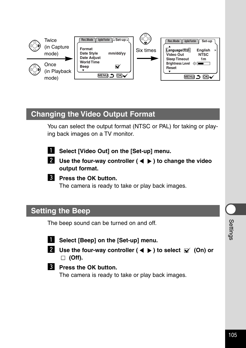 Changing the video output format, Setting the beep | Pentax Optio 230 User Manual | Page 107 / 124