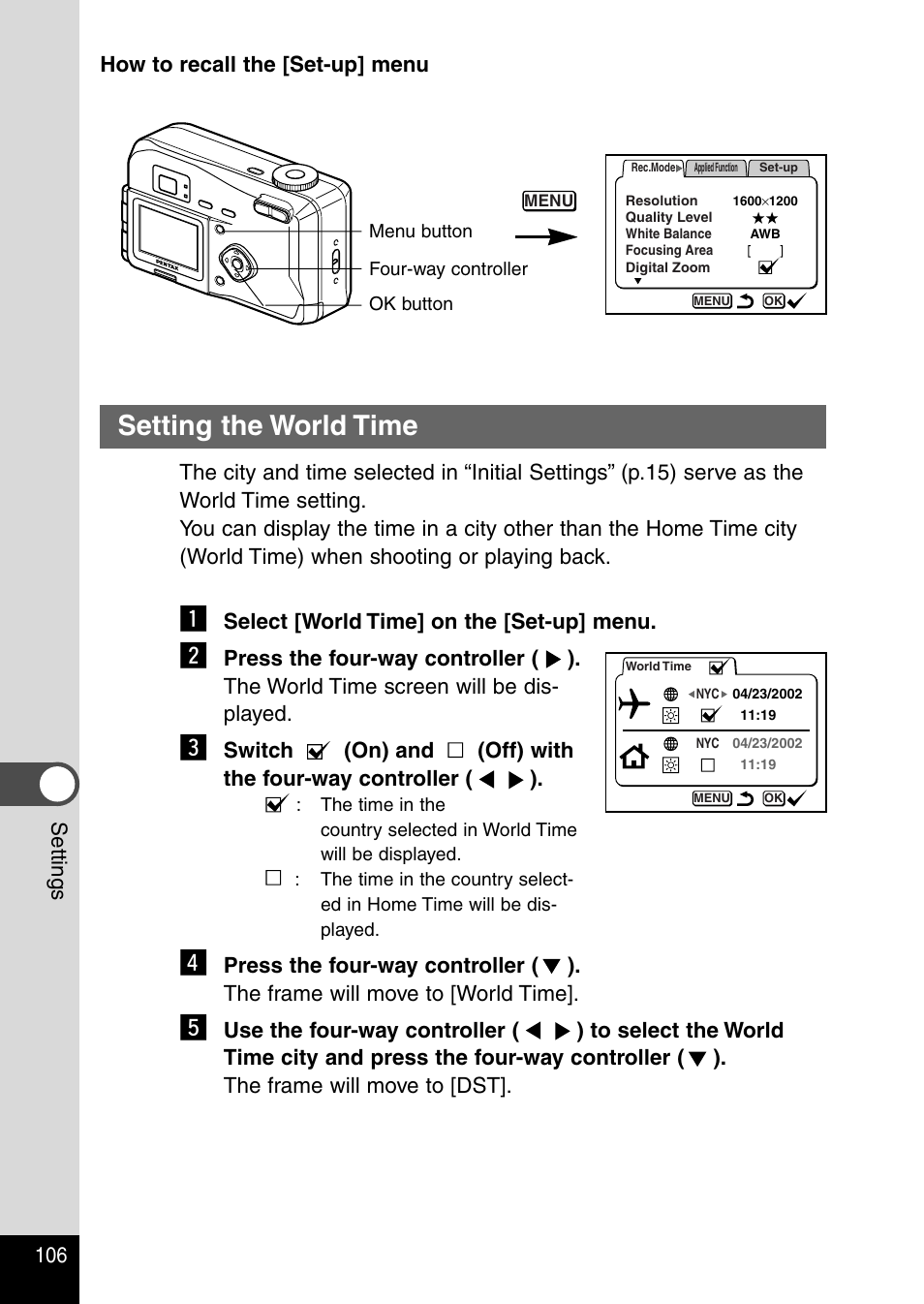 Setting the world time | Pentax Optio 230 User Manual | Page 108 / 124