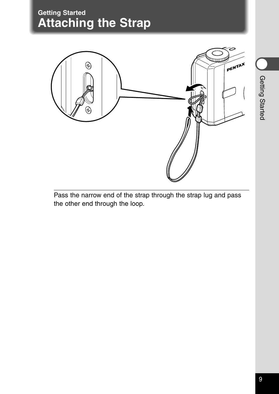 Getting started, Attaching the strap | Pentax Optio 230 User Manual | Page 11 / 124