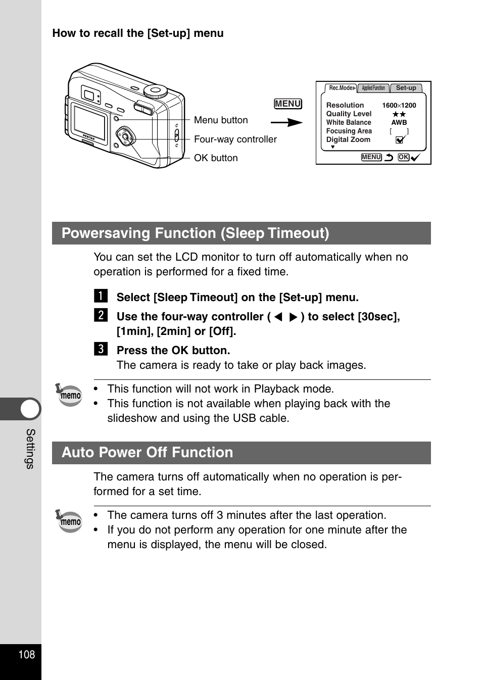 Powersaving function (sleep timeout), Auto power off function | Pentax Optio 230 User Manual | Page 110 / 124