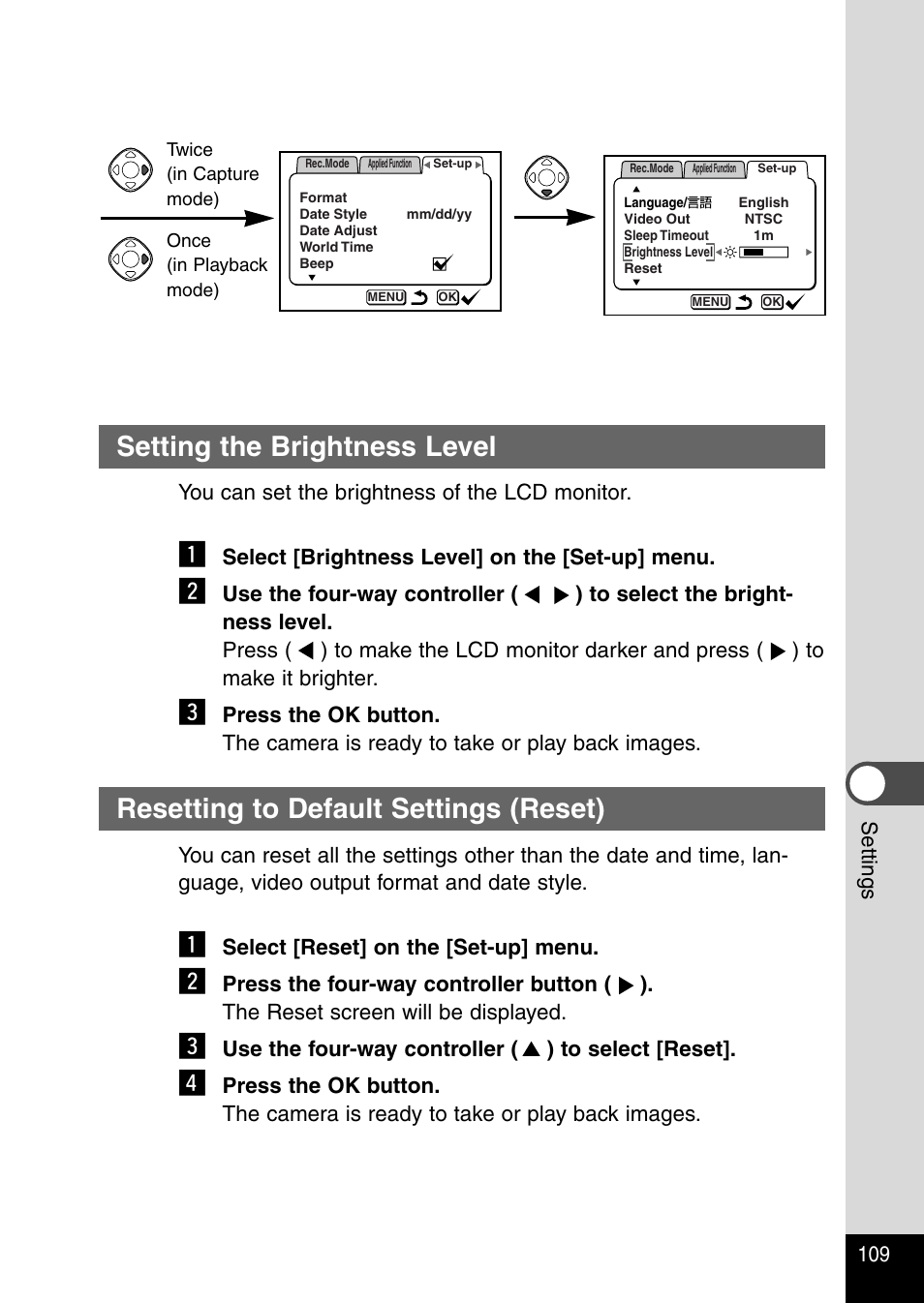 Setting the brightness level, Resetting to default settings (reset) | Pentax Optio 230 User Manual | Page 111 / 124