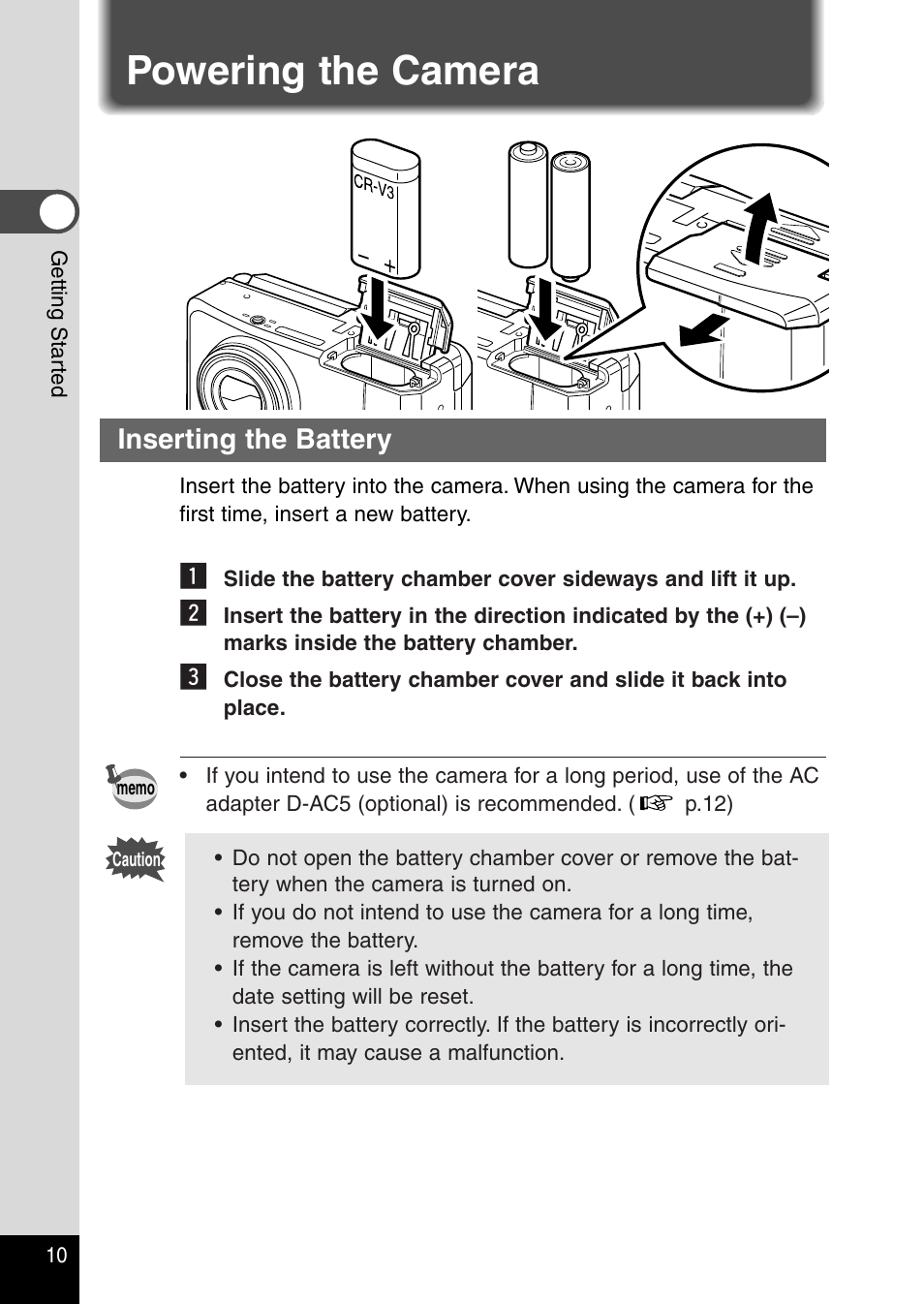 Powering the camera, Inserting the battery | Pentax Optio 230 User Manual | Page 12 / 124