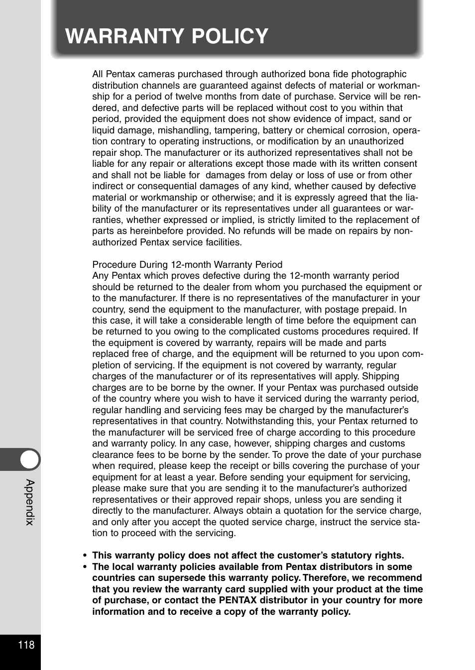 Warranty policy | Pentax Optio 230 User Manual | Page 120 / 124