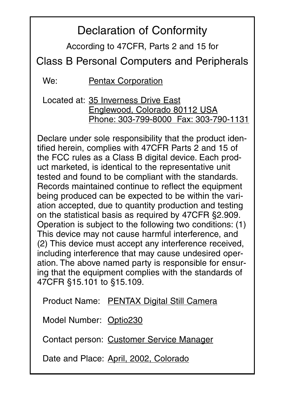 Declaration of conformity, Class b personal computers and peripherals | Pentax Optio 230 User Manual | Page 122 / 124
